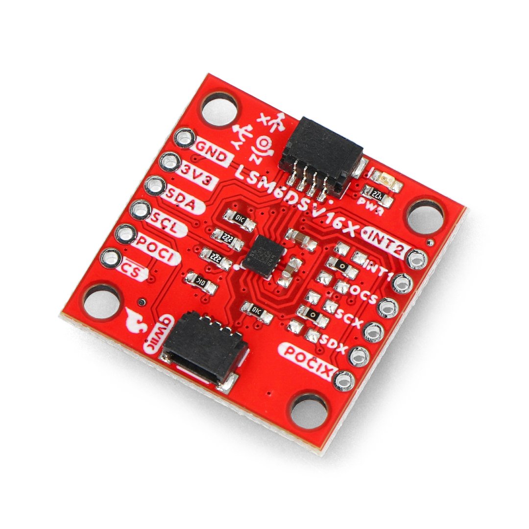 The red IMU sensor module lies on a white background.