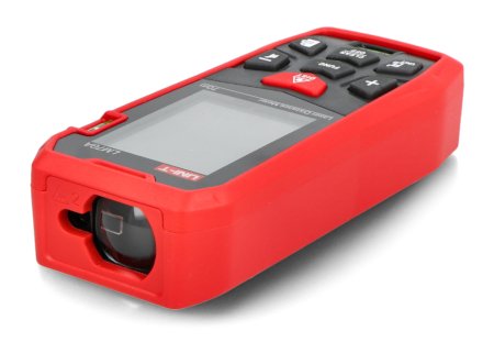 A red-black laser rangefinder lies on a white background.