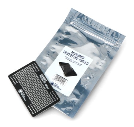 A black micromis breadboard lies on a white background along with its packaging.