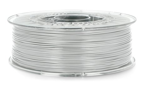 A spool of light gray filament lies on a white background.