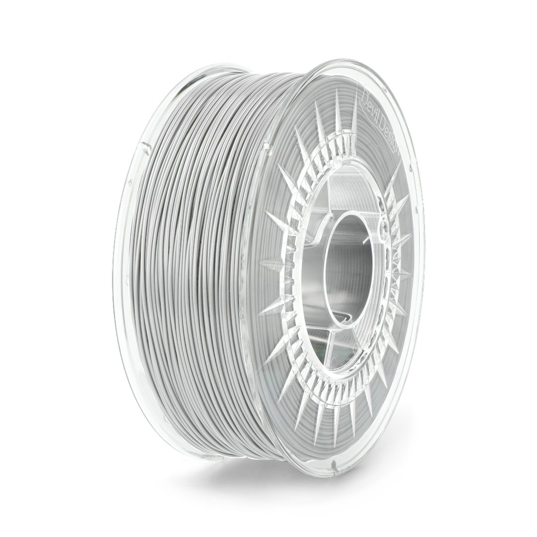 A spool of gray filament stands on a white background.