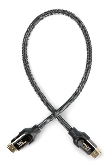 A black wire with two visible ends lies on a white background.