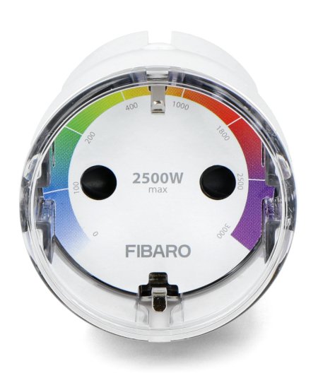 The Fibaro Wall Plug F smart socket lies on a white background.