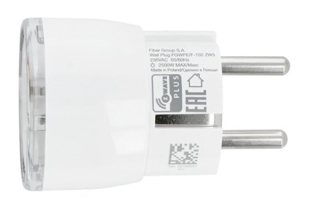 The Fibaro Wall Plug F smart socket lies on a white background.