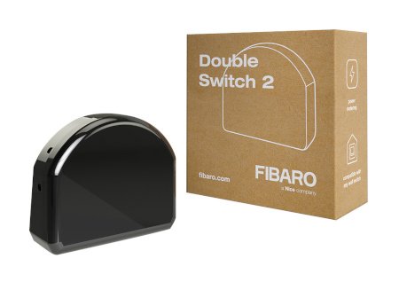 The black Fibaro Double Switch 2 relay lies on a white background with a box.