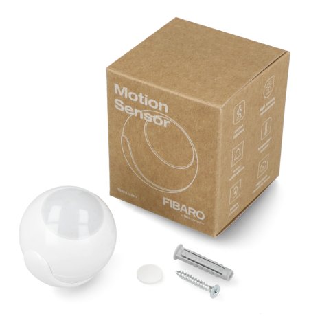 The white Fibaro motion sensor lies on a white background with a box.