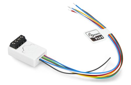The Fibaro smart mini relay in white is connected with wires and lies on a white background.