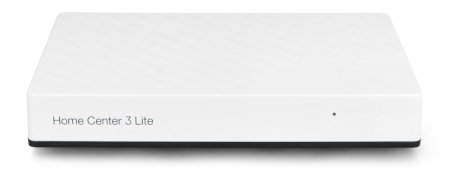 The white Fibaro Home Center 3 Lite switchboard is placed on a white background.