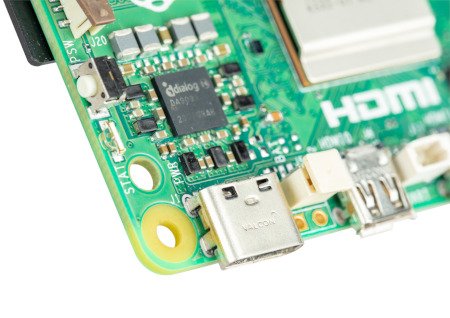 Raspberry Pi 5 equipped with a USB C connector and a power switch