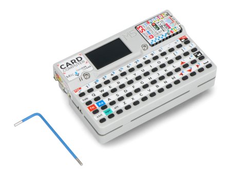 The Cartputer M5Stack portable computer lies on a white background with an Allen key.