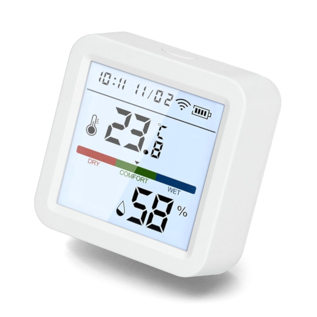 A smart temperature and humidity sensor stands turned on on a white background.