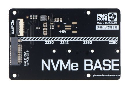 The black VNMe Base expansion board for raspberry pi 5 lies on a white background.