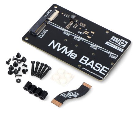 The black VNMe Base expansion board for Raspberry Pi 5 lies on a white background along with the kit components.