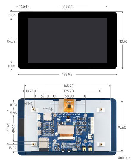 ESP32-S3 - WiFi + Bluetooth development board with 7'' IPS LCD display 800 x 480 px - Waveshare 27078
