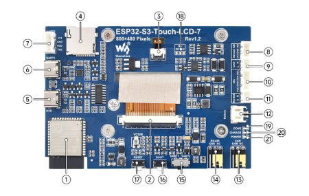 ESP32-S3 - WiFi + Bluetooth development board with 7'' IPS LCD display 800 x 480 px - Waveshare 27078