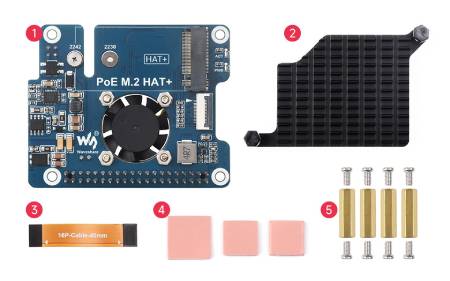 PoE M.2 HAT+ - PCIe adapter for NVMe M.2 drives with PoE support - for Raspberry Pi 5 - Waveshare 28411